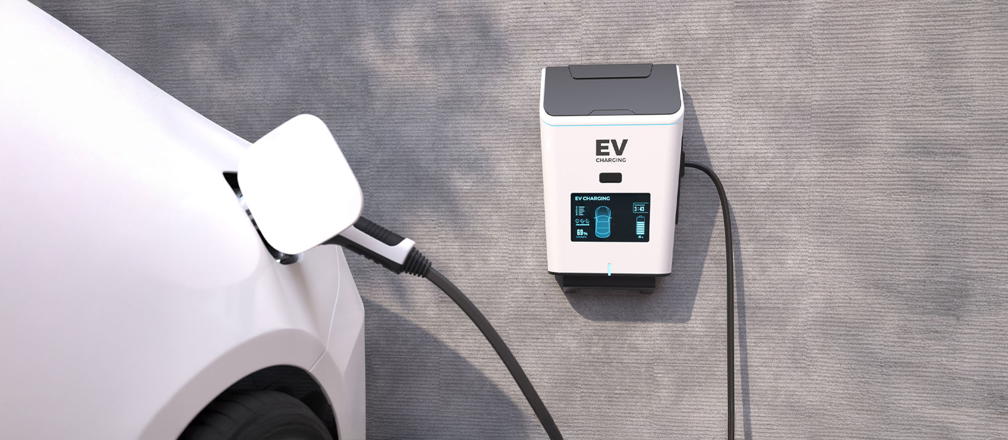 Close-up of a modern electric vehicle charging cable plugged into a wall-mounted home charging station.